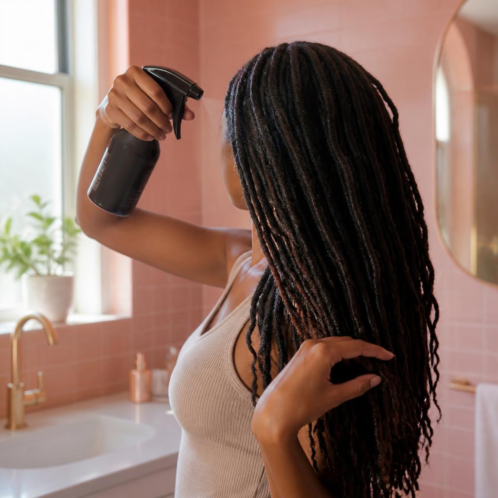 Kvinne som sprayer fuktighet på modne locs